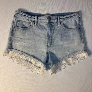 Free People Lacey Distressed Denim Cutoff Lace Hem High Rise Shorts, W28